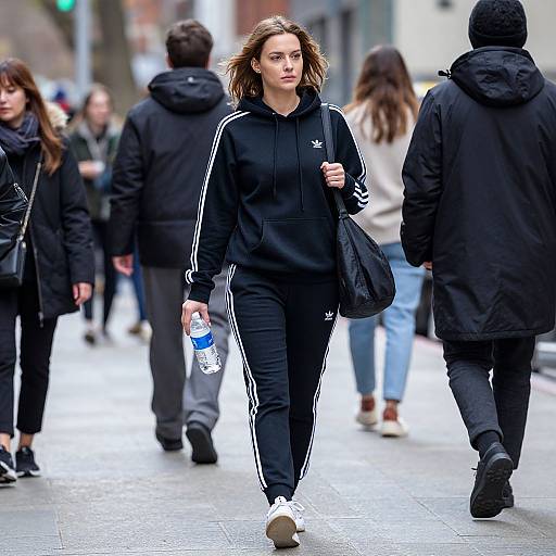 Confident Woman in Black Adidas Tracksuit