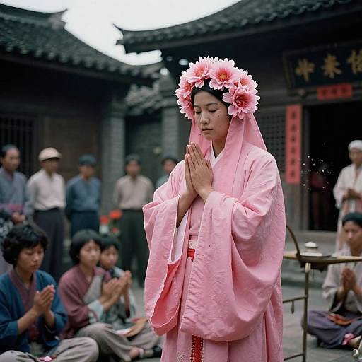 Photograph of an Asian woman in a pink traditional Korean hanbok with pink flower headpiece, praying with hands together, in a courtyard with on