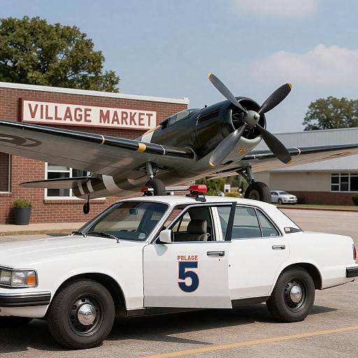 Vintage Police Car with WWII Fighter Plane