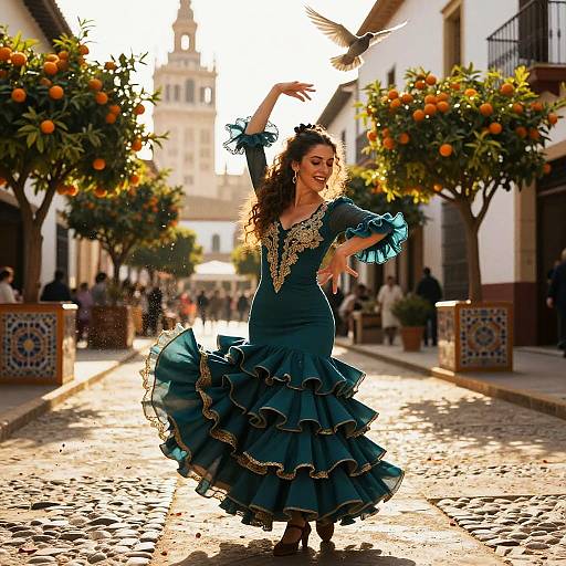 Photograph of a smiling woman in a teal, ruffled flamenco dress, dancing in a sunlit, cobblestone street with orange trees and
