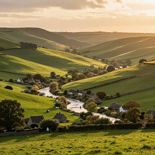 Photograph of a picturesque, sunlit countryside with rolling green hills, a winding river, scattered houses, and a golden sunset sky.