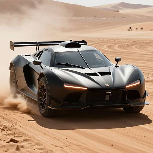 Photograph of a sleek, black, high-performance sports car with a large rear spoiler racing through a desert with sand kicking up around it.