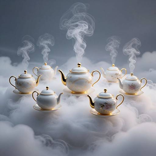 Photograph of seven elegant, white teapots with gold trim and floral designs, emitting steam, floating on a cloudy, blue-gray background.