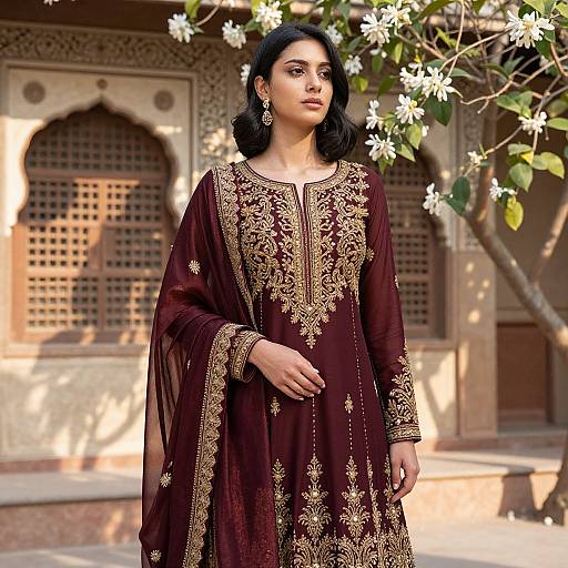 Photograph of a young South Asian woman with medium skin tone, black hair, wearing an ornate maroon salwar kameez with gold embroidery