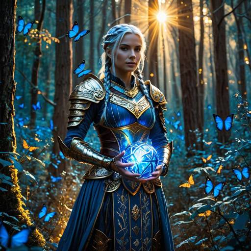 Female Warrior with Magical Orb in Enchanted Forest