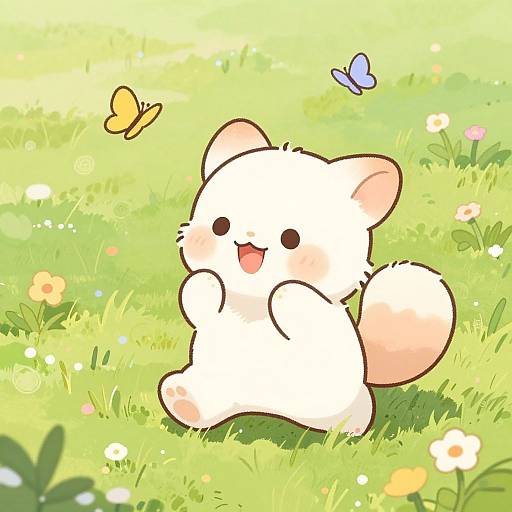 Cute white chibi cat with pink ears and tail, sitting in sunny grass, watching yellow and blue butterflies, surrounded by colorful flowers. Digital anime