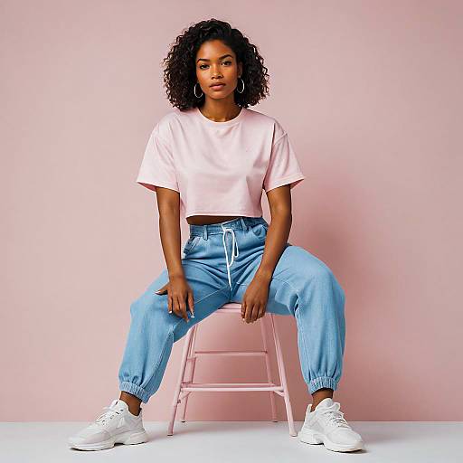 Sporty woman in denim joggers and pink crop top