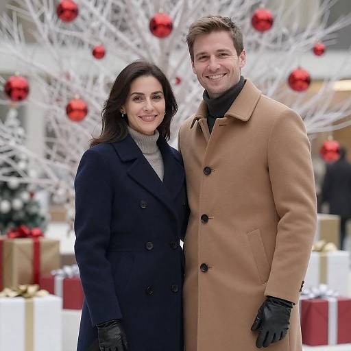 Smiling Couple in Winter Coats with Holiday Decor