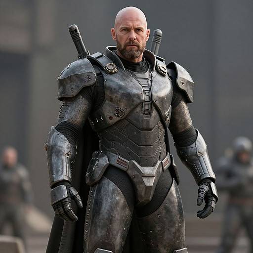 Photograph of a bald, bearded man in detailed, dark metallic armor with shoulder-mounted guns, standing confidently in a blurred, urban background.
