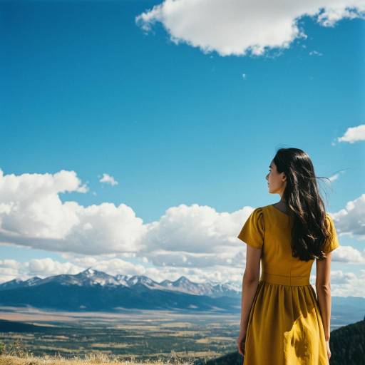 Woman in Yellow Dress Overlooking Mountain Landscape