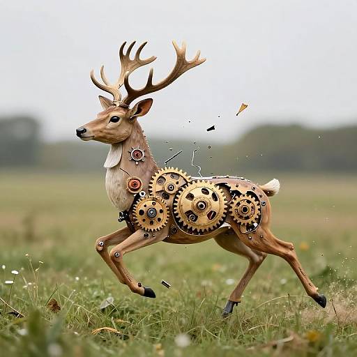Digital artwork of a deer with gears and clockwork mechanisms, running through a grassy field, with blurred forest background.
