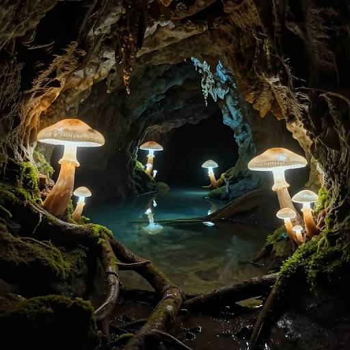 Photograph of a glowing, magical cave with bioluminescent mushrooms lining the dark, moss-covered walls, illuminated by their soft, white light.