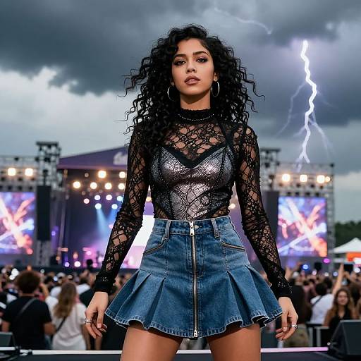 Photograph of a curly-haired woman with dark skin in a black lace top and denim skirt, walking on a stormy stage with lightning, surrounded by
