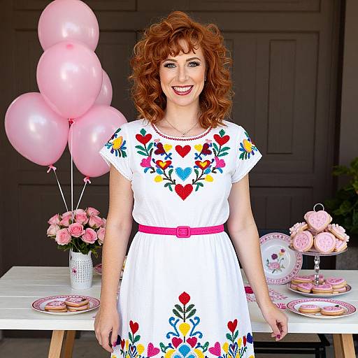 Photograph of a smiling woman with curly red hair, wearing a white floral heart dress, standing by a table with pink balloons, roses, and past