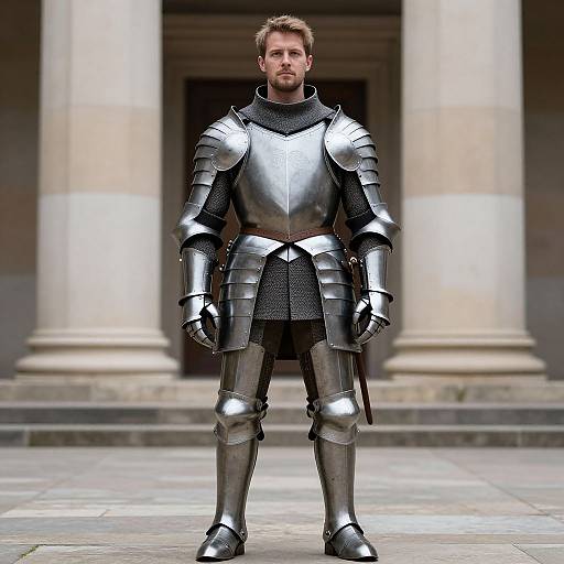 Photograph of a bearded Caucasian man in full medieval silver armor, standing confidently in front of large stone columns.