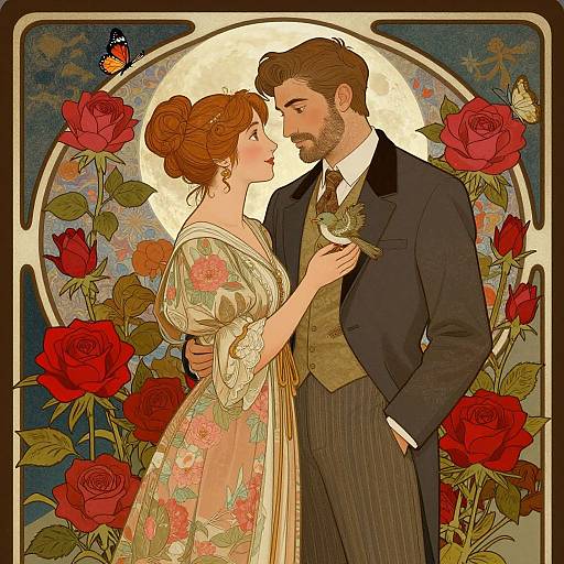 Digital art of a bearded man in a black suit, holding a flower, and a red-haired woman in a floral dress, standing close, surrounded