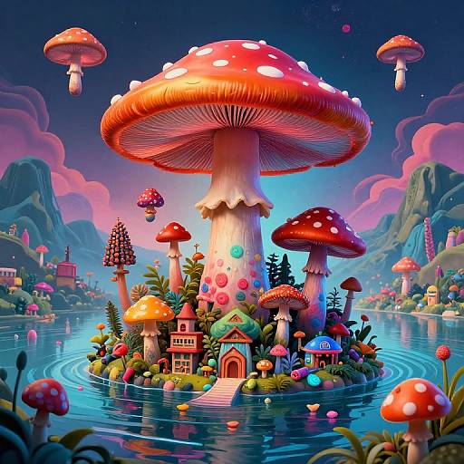 Psychedelic Mushroom Town on Water