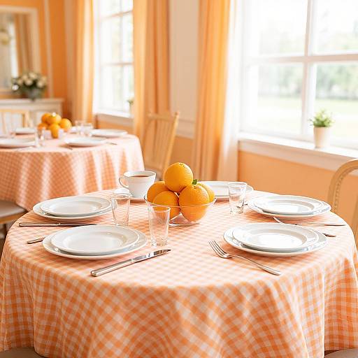 Photograph of a sunlit dining room with orange checkered tablecloths, white plates, clear glasses, silverware, and a bowl of oranges
