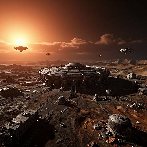 CGI digital art of a futuristic, dome-shaped city on a desert planet at sunset, with flying ships in the orange sky.