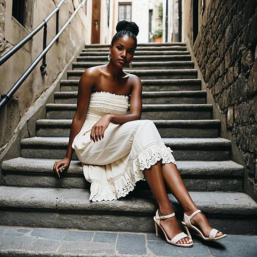 Elegant Woman Sitting on Stone Stairs