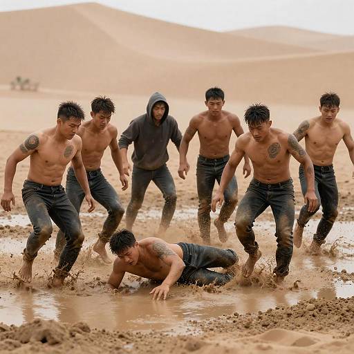 Group of Men Fighting in Muddy Desert Area