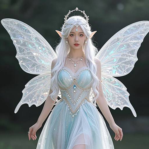 Digital CGI of a fair-skinned, elf-eared fairy with long white hair, glowing translucent wings, and a shimmering light blue dress, set