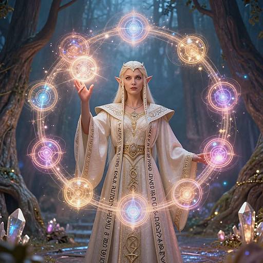 Digital fantasy artwork: Elven woman with pointed ears, glowing white robe, and ornate gold trim, creates a magical circle of colorful orbs in a