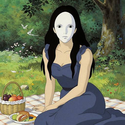 Digital anime-style drawing of a white-faced woman with black hair, wearing a dark blue dress, sitting on a picnic blanket in a lush, green forest