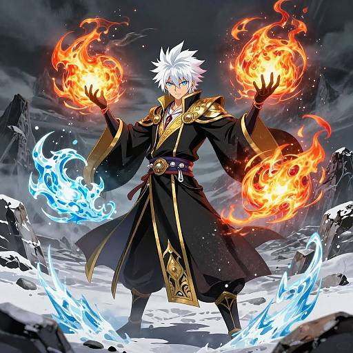Anime-style digital illustration of a white-haired mage in a black and gold robe, conjuring orange fire and blue ice with outstretched hands, standing