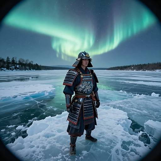 Samurai Warrior on Frozen Aurora Lake