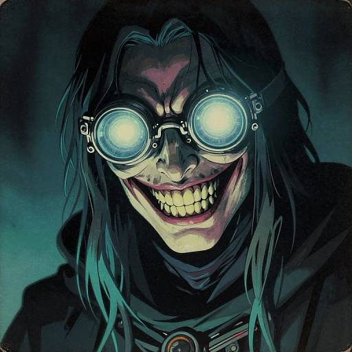 Digital illustration of a sinister figure with glowing blue goggles, long dark hair, and a wide, menacing grin, wearing a dark hooded cloak.
