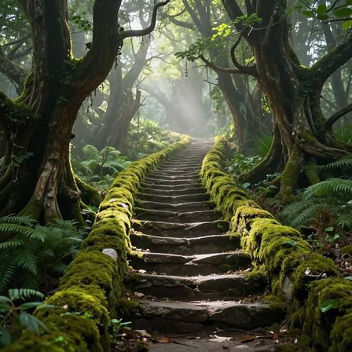 Photograph of a moss-covered stone staircase in a dense, sunlit forest, with towering, twisted trees and lush green ferns. Light filters through