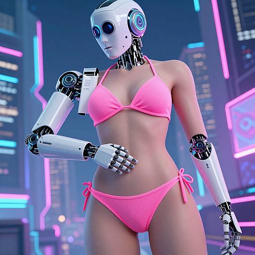 CGI image of a robotic woman in a neon-lit city, wearing a pink bikini, with white and black mechanical arms and head.