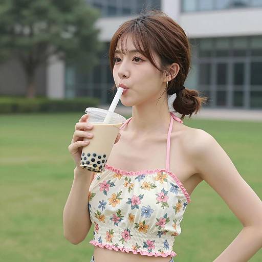 Asian Woman Enjoying Bubble Tea Outdoors
