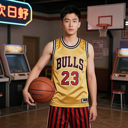 Photograph of an Asian male basketball player in a yellow 