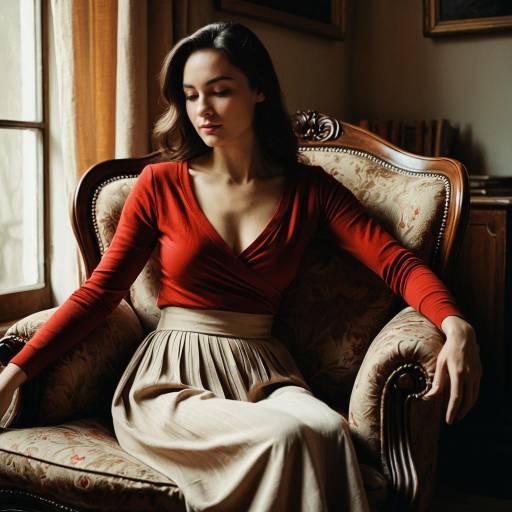 Woman in Red Top Sitting on Vintage Armchair