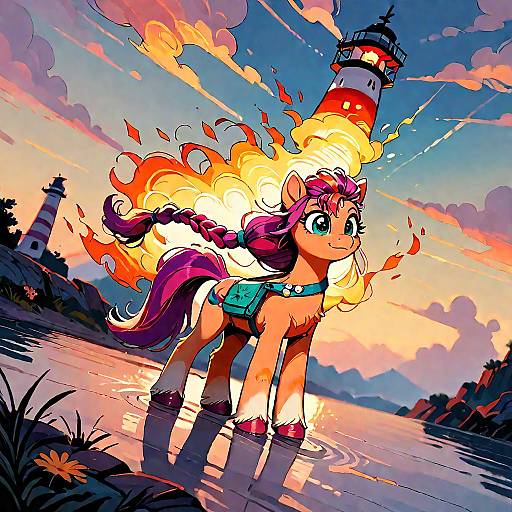 Cute Pony at Sunset with Lighthouse
