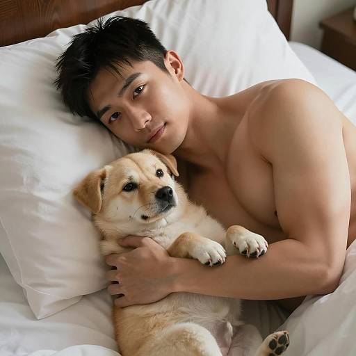 Muscular man hugging dog on bed