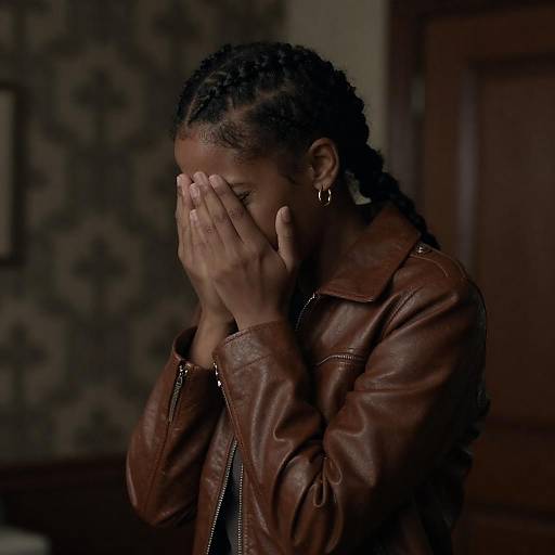 Distressed Woman in Leather Jacket