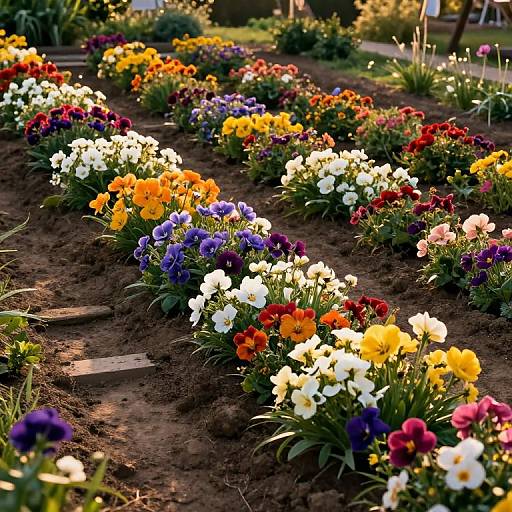 Vibrant photograph of a garden bed with rows of colorful flowers, including yellow, white, orange, purple, and red pansies, set in