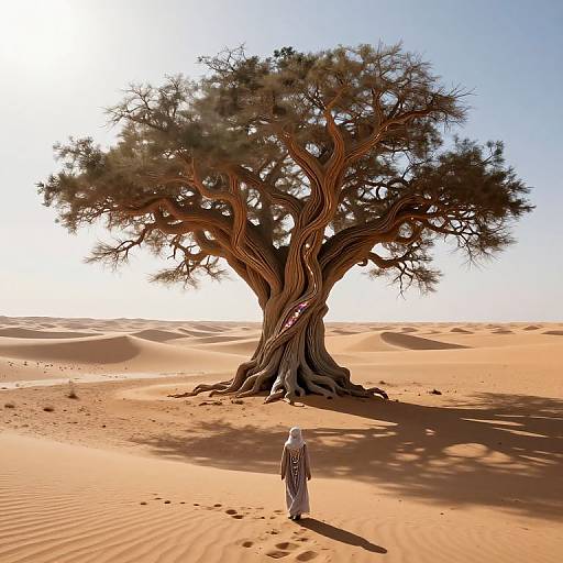 Photograph of a lone, veiled figure standing before a massive, twisted tree in a sunlit, sandy desert under a clear blue sky.