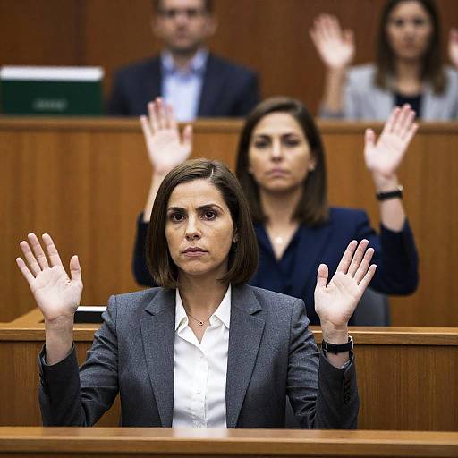 Intense Courtroom Scene with Raised Hands