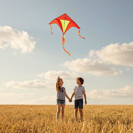 Children Flying Kite in Golden Field