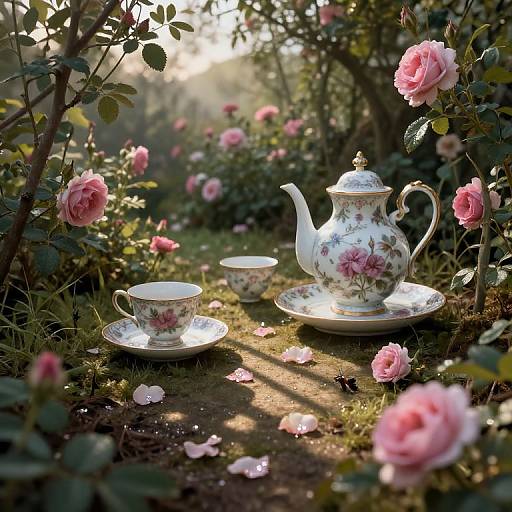 Photograph of a vintage floral teapot and cup set on a sunlit garden path surrounded by blooming pink roses and green foliage.