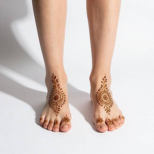 Photograph of light-skinned feet with intricate brown henna designs on toes and soles, standing against a white background.