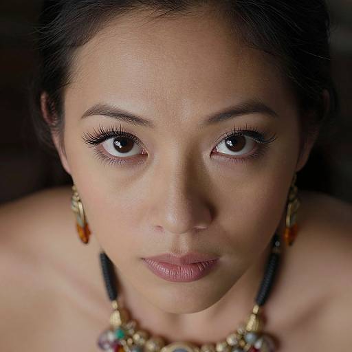 Close-up photograph of a young Asian woman with dark hair, brown eyes, and neutral makeup, wearing ornate earrings and a beaded necklace.