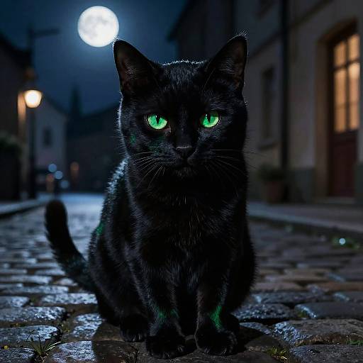 Mysterious Black Cat on Moonlit Street