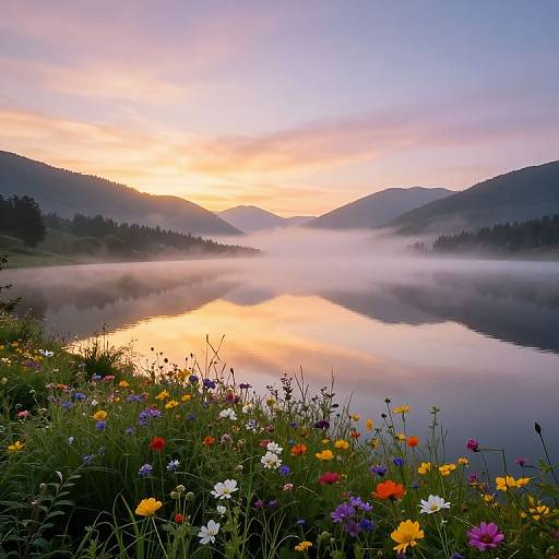 Photograph of a serene, misty lake at sunrise, reflecting a pink and orange sky. Vibrant wildflowers in the foreground, surrounded by fog