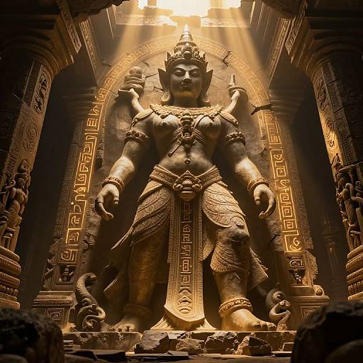Photograph of a grand, golden, statue of a deity with an intricate crown, holding a flame, standing in an ornate, ancient temple with