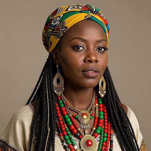 Photograph of a dark-skinned African woman with long braids, wearing a colorful headwrap, gold earrings, layered red and green bead necklaces